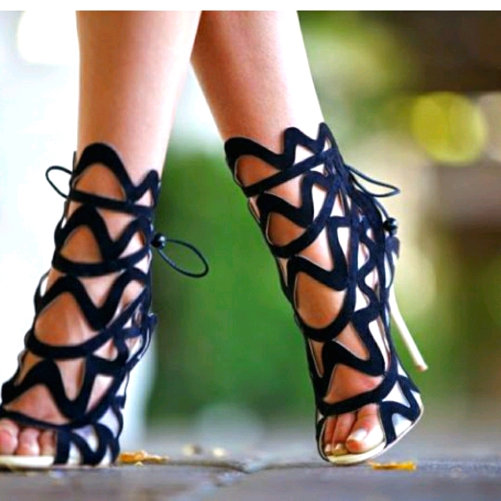 Sophia Webster Black and Gold Lace-Up Cutout Heels
